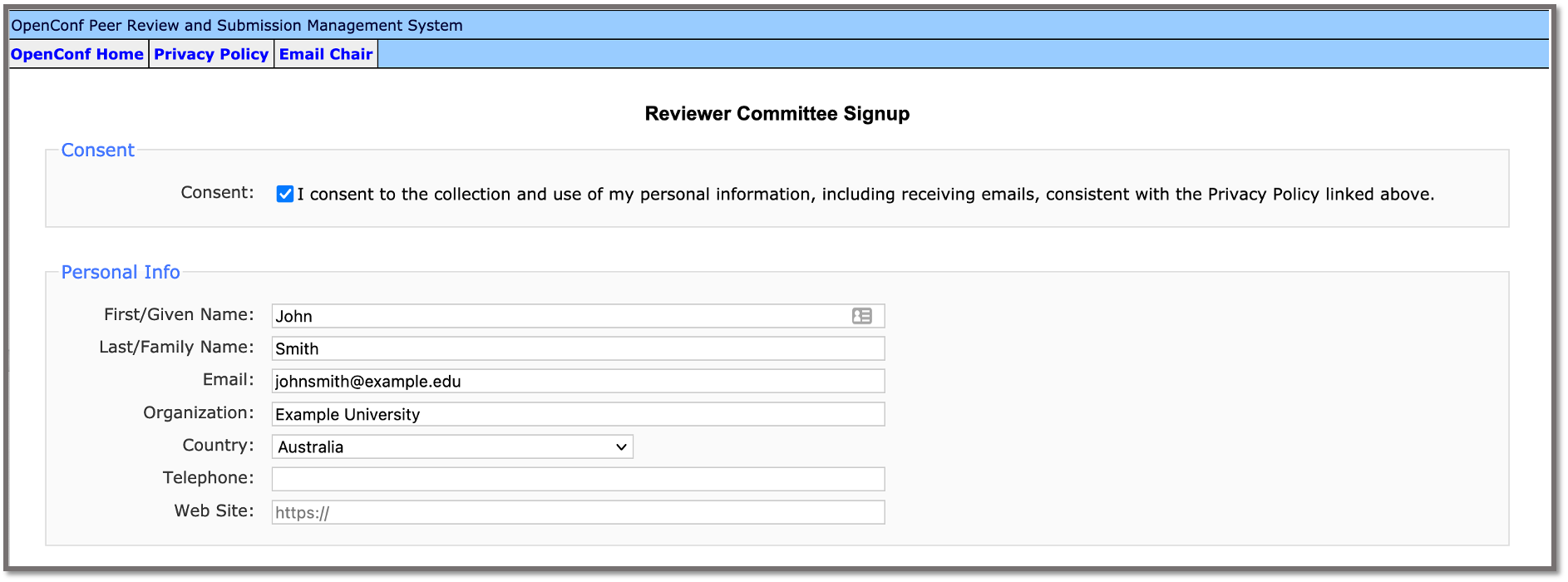 OpenConf Reviewer Sign up Screen