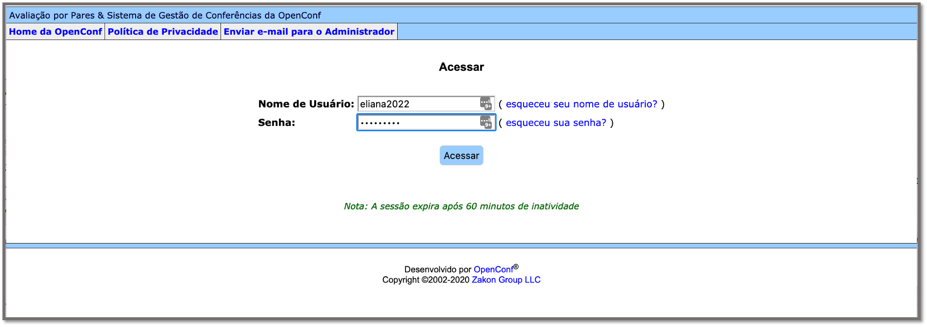 OpenConf Reviewer Sign in Screen