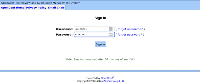 OpenConf Reviewer Sign in Form (acount information)