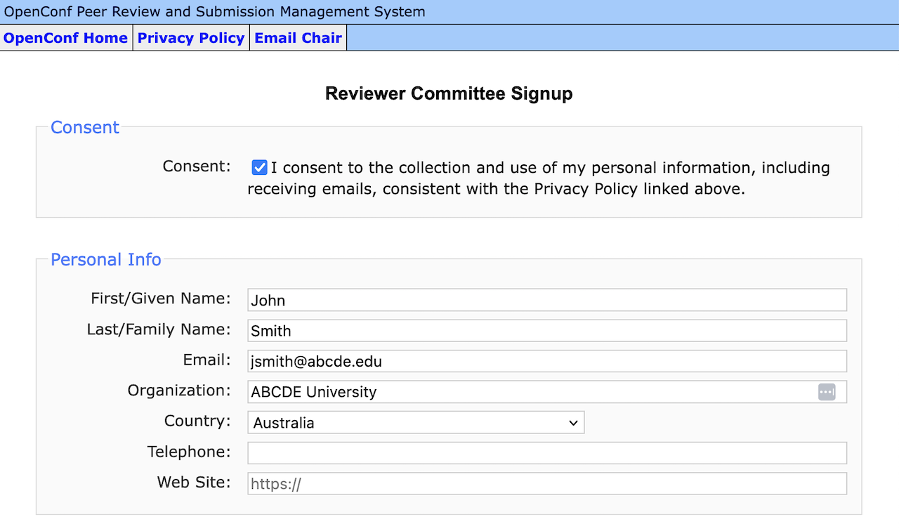 OpenConf Reviewer Signup Form (personal Information)