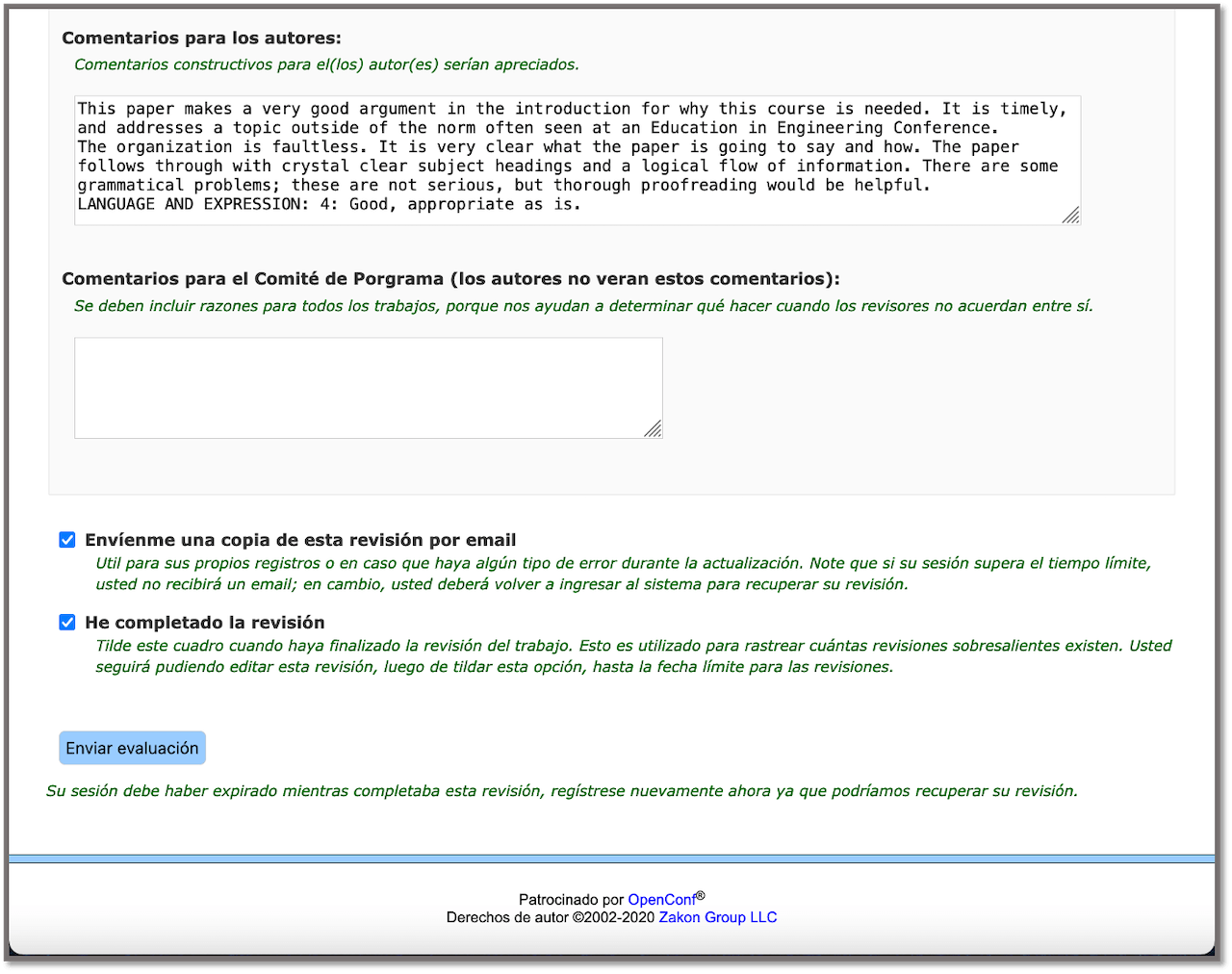 OpenConf Review Form third part