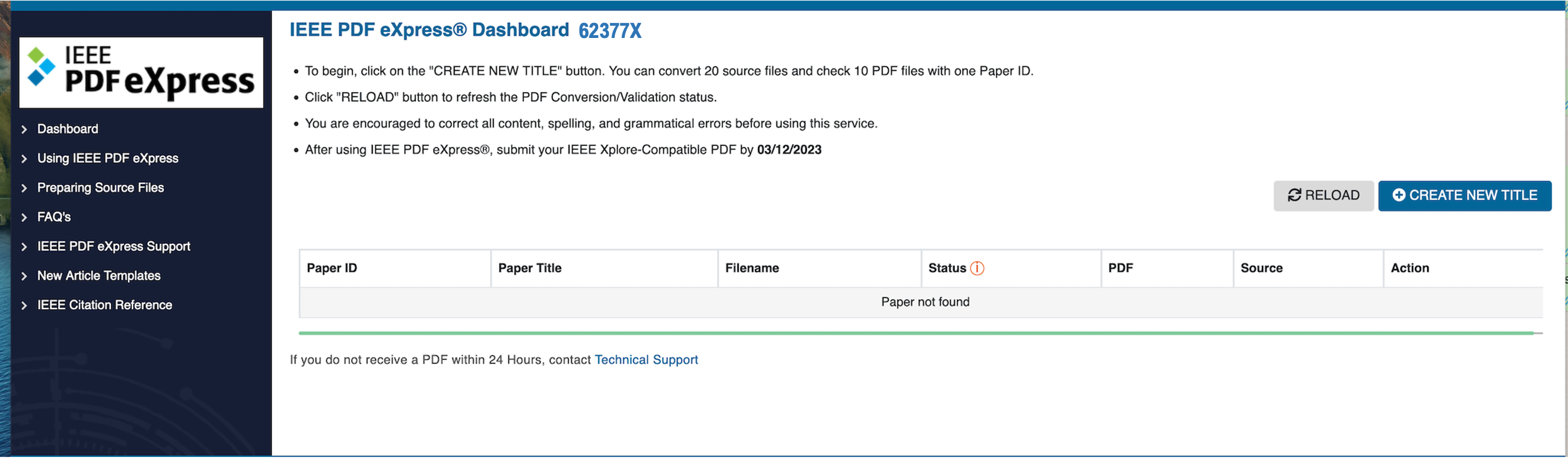 IEEE PDFeXpress Dashboard Screen