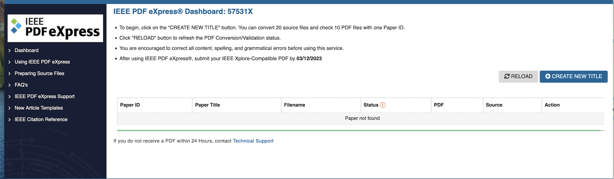 IEEE PDFeXpress Dashboard Screen